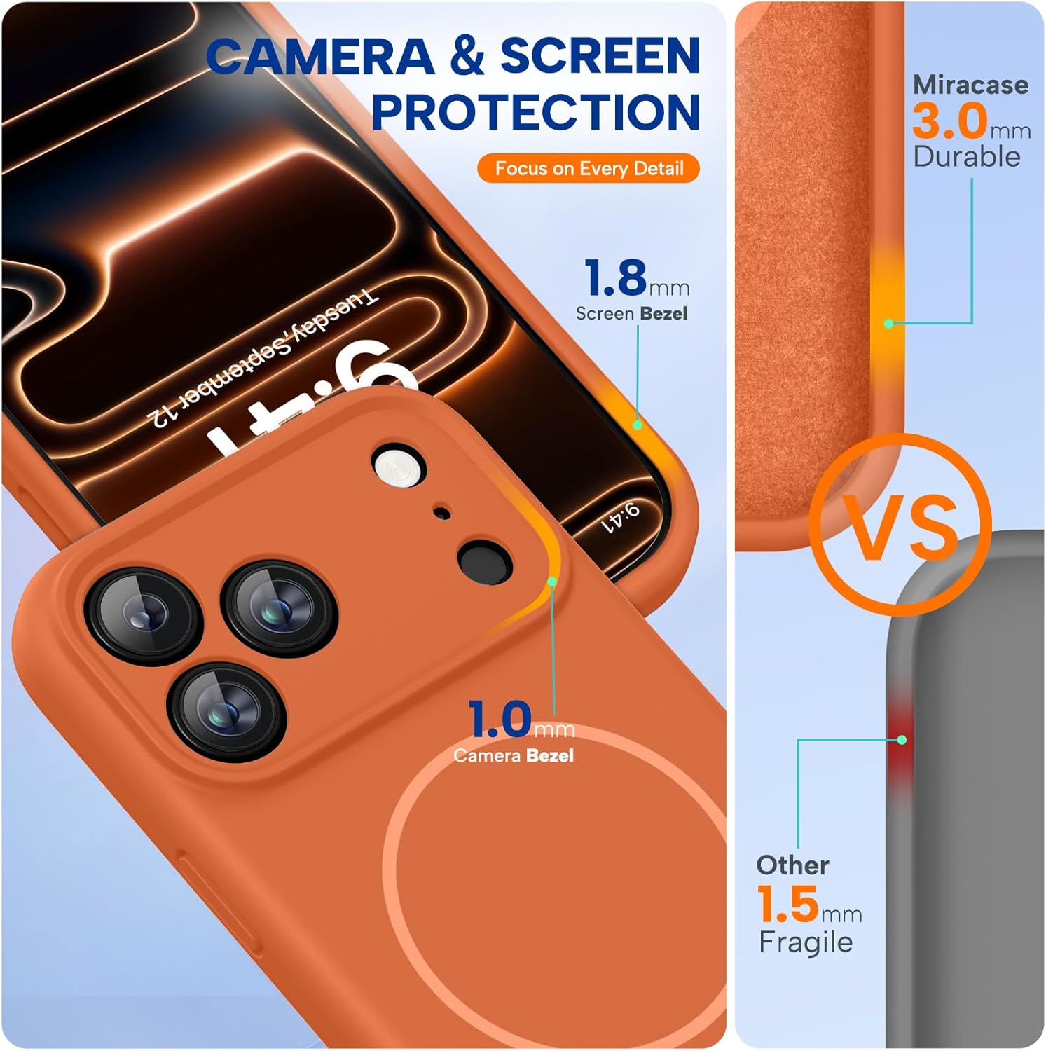 Miracase Magnetic for iPhone 17 Pro Case, Compatible with MagSafe, Integrated Silicone Camera Control Cover, 3.0mm Thicken Shockproof Drop Protection Phone Case for 17 Pro,Orange